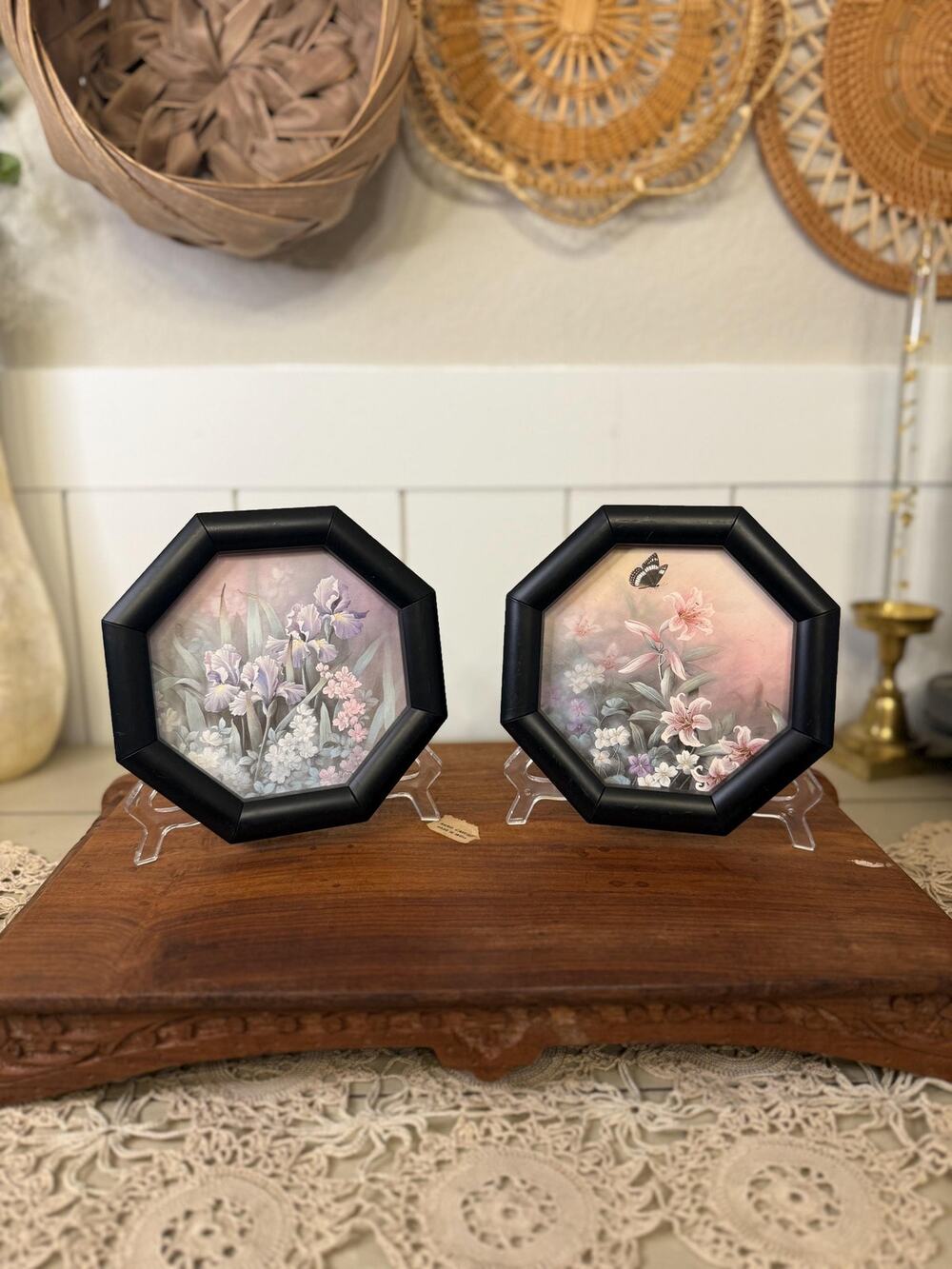 Pair of Vintage Burwood Floral Print Wall Hangings
